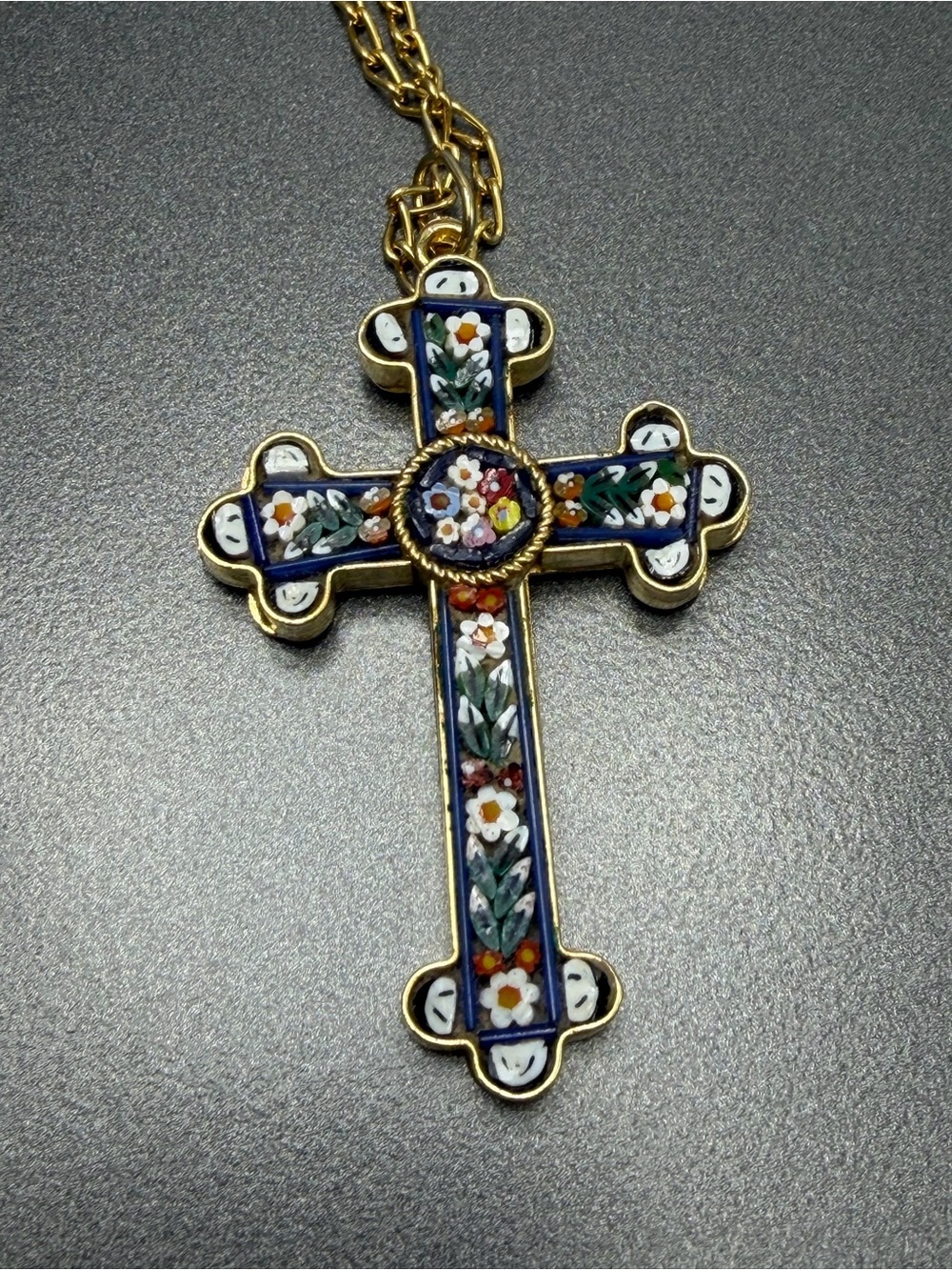 🔥2/$100 Vintage Blue Micro-Mosaic Floral Cross Pendant Necklace #46mo
